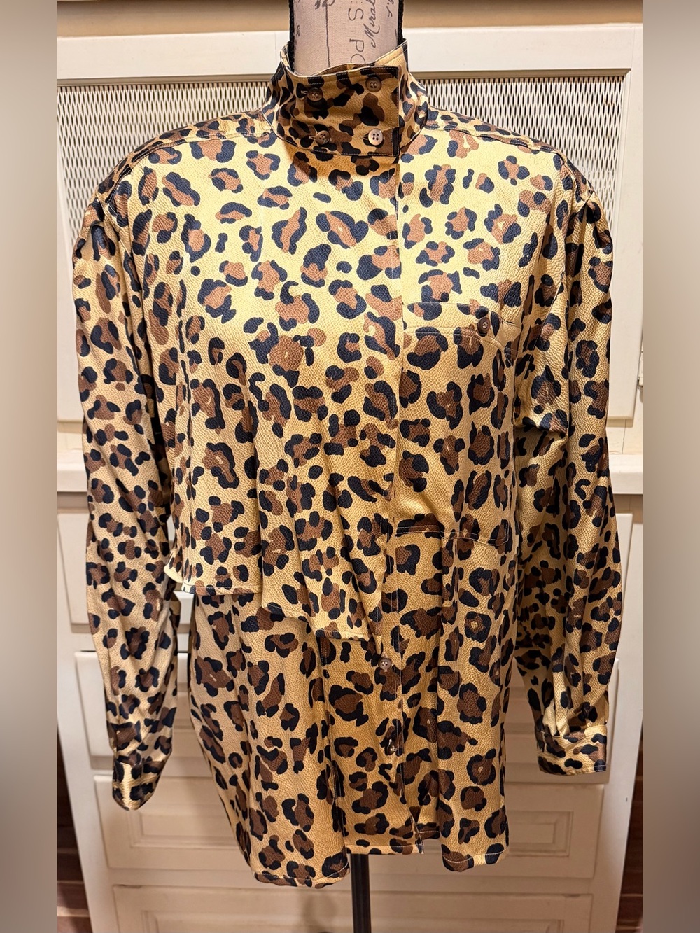 Rare VTG Pre-Reunification Escada Silk Leopard Mock Neck Tunic Blouse